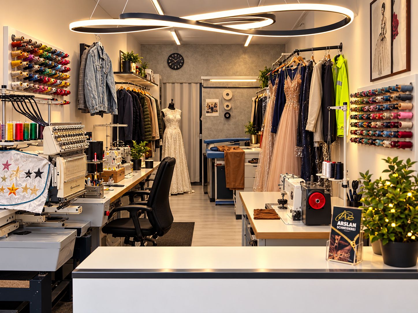 Das Atelier der Arslan Schneiderei mit Nähmaschinen, Garnwand und Kleidung auf Stangen