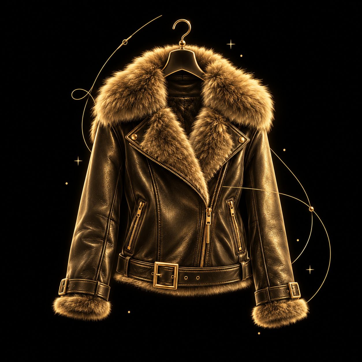 Goldene Illustration einer Lederjacke mit Pelzkragen