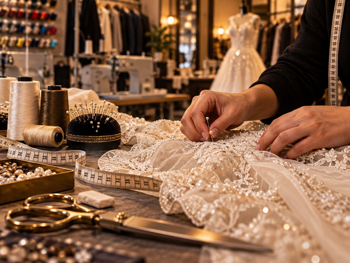Hände stecken Spitze an einem Brautkleid mit Stecknadeln ab, daneben Garn, Maßband und Schere