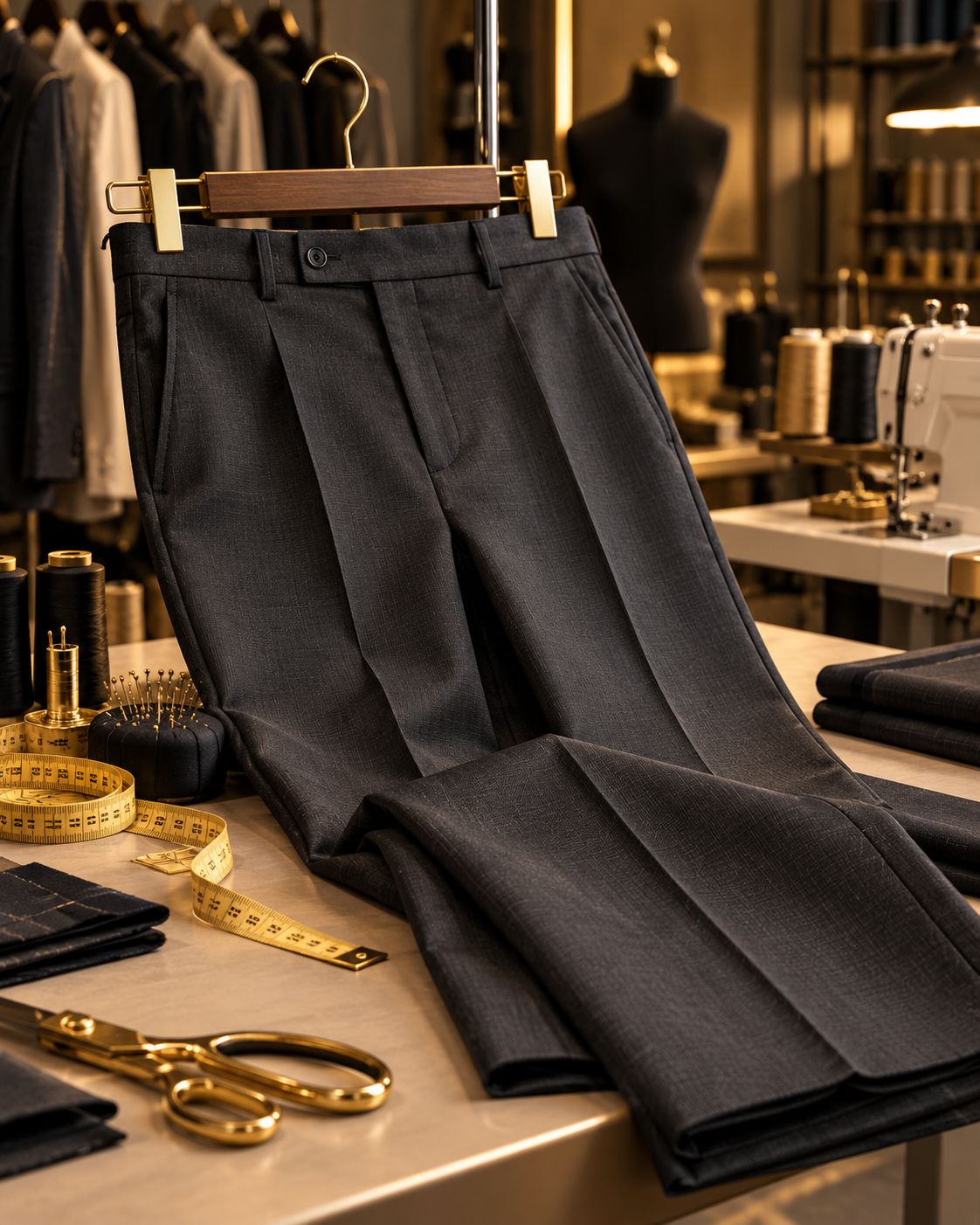 Dunkle Stoffhose auf einem Bügel am Zuschneidetisch mit Maßband und Schere