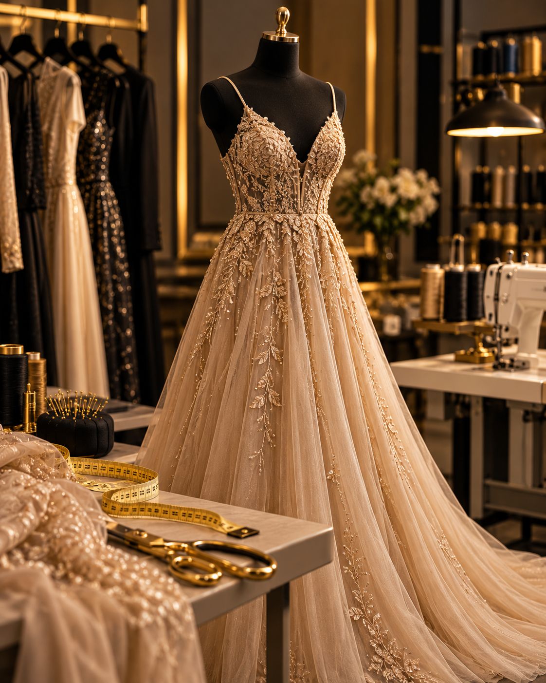 Champagnerfarbenes Abendkleid mit Spitze an einer Schneiderpuppe
